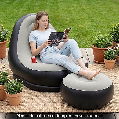 Costway Inflatable Lounge Sofa with Ottoman, Portable Air Sofa for Adults with Flocked Surface