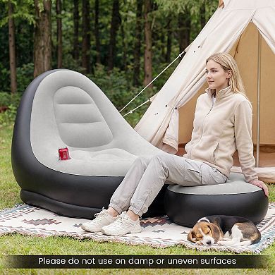 Costway Inflatable Lounge Sofa with Ottoman, Portable Air Sofa for Adults with Flocked Surface
