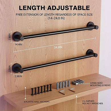 Adjustable Stainless Steel Towel Bar Wall Mounted Sturdy Rustproof 2pcs Black