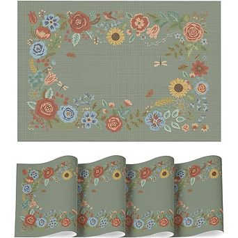 Floral Butterfly Placemats Set of 4, Washable Non-Slip Vinyl
