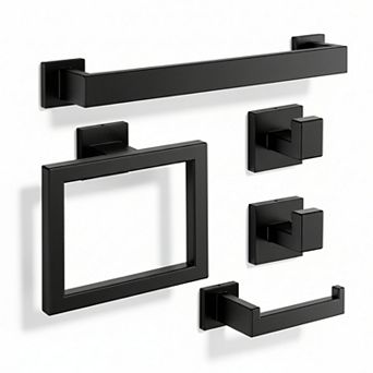 5 pc Bathroom Hardware Set Rustproof Towel Racks Wall Mounted Toilet Paper Holder 2 Hooks