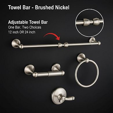 4-Piece Bathroom Accessory Set Brushed Nickel Adjustable Expandable Towel Bar Wall Mounted