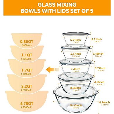 Glass Mixing Bowls with Lids Set of 5 Nesting Design