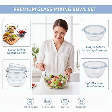 Glass Mixing Bowls with Lids Set of 3 Nesting Design