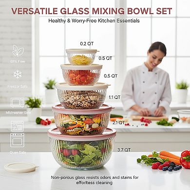 Glass Mixing Bowls with Lids Set of 5 for Kitchen Baking