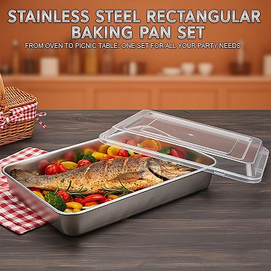 Stainless Steel Baking Pan with Lid Set of 2 Rectangle