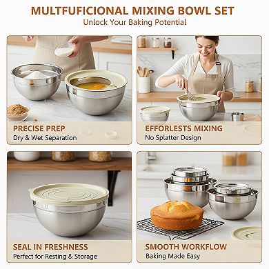 Mixing Bowls with Lids 6 Piece Stainless Steel Nesting