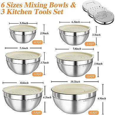 Mixing Bowls with Lids 6 Piece Stainless Steel Nesting
