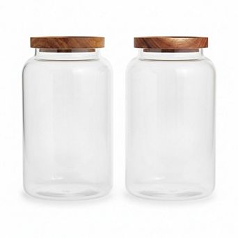 Large Glass Jar Set of 2 with Airtight Acacia Lid and Labels