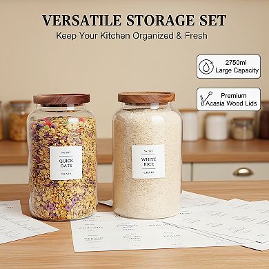 Large Glass Jar Set of 2 with Airtight Acacia Lid and Labels
