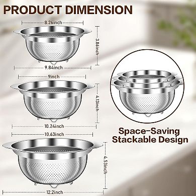 Stainless Steel Colander Set of 3 for Kitchen Straining