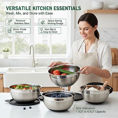 9 Piece Mixing Bowl Set with Lids for Kitchen Prep and Serving