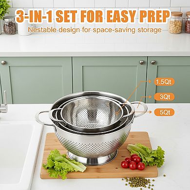 Stainless Steel Colander Set of 3 with Handle Nesting Design