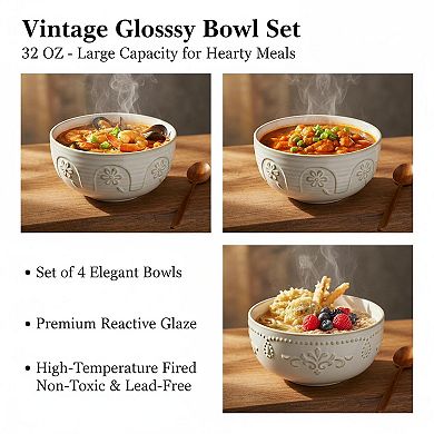 32 Oz Embossment Ceramic Bowl Set Microwave Dishwasher Safe