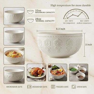 32 Oz Embossment Ceramic Bowl Set Microwave Dishwasher Safe