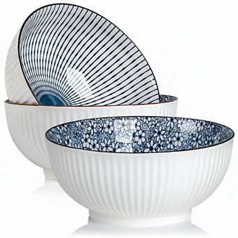 60 Oz Porcelain Soup Bowl Set Of 3 Blue White Mix Patterns Microwave Safe