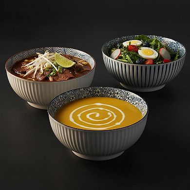 60 Oz Porcelain Soup Bowl Set Of 3 Blue White Mix Patterns Microwave Safe