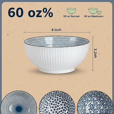 60 Oz Porcelain Soup Bowl Set Of 3 Blue White Mix Patterns Microwave Safe