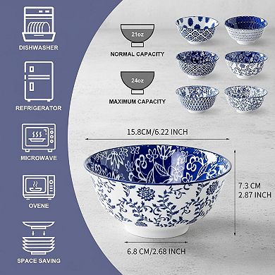 6 Pack 24 Oz Porcelain Soup Bowl Set Microwave Dishwasher Safe Vintage Blue