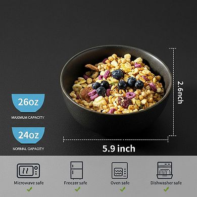 24 Oz Ceramic Stoneware Bowl Set 4 Pack Microwave Dishwasher Safe Matte Black