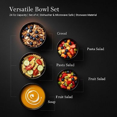 24 Oz Ceramic Stoneware Bowl Set 4 Pack Microwave Dishwasher Safe Matte Black