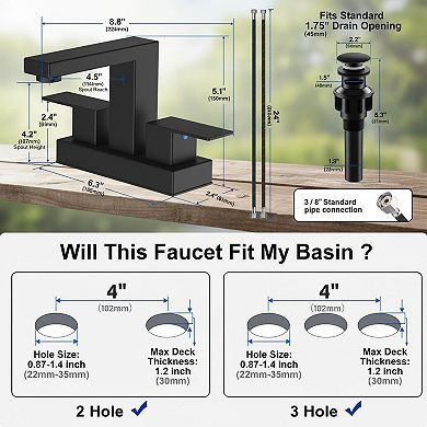 Matte Black Stainless Steel 2 Handle Bathroom Faucet With Pop Up Drain Supply Lines
