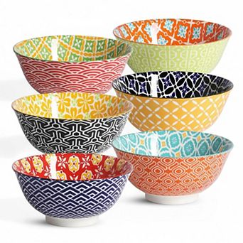 6 Pack 23oz Porcelain Bowl Set Colorful Geometric Pattern Versatile Kitchen Bowls