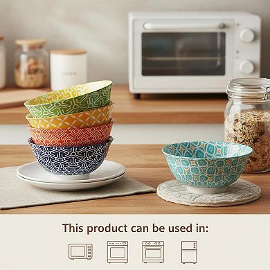 6 Pack 23oz Porcelain Bowl Set Colorful Geometric Pattern Versatile Kitchen Bowls