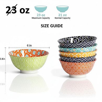 6 Pack 23oz Porcelain Bowl Set Colorful Geometric Pattern Versatile Kitchen Bowls