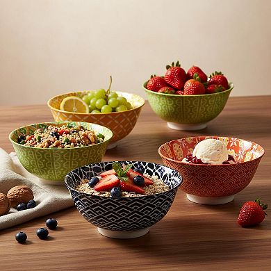 6 Pack 23oz Porcelain Bowl Set Colorful Geometric Pattern Versatile Kitchen Bowls