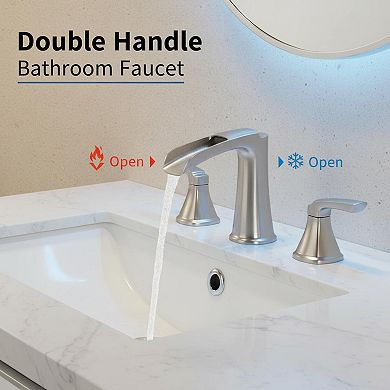 Brushed Nickel Bathroom Faucet Two Handle Widespread Pop Up Drain Waterfall