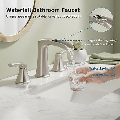 Brushed Nickel Bathroom Faucet Two Handle Widespread Pop Up Drain Waterfall