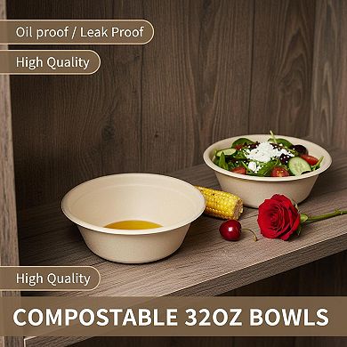 32oz Disposable Salad Bowls Compostable Sugarcane Fiber Heavy Duty Bulk Pack