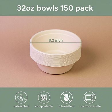 32oz Disposable Salad Bowls Compostable Sugarcane Fiber Heavy Duty Bulk Pack