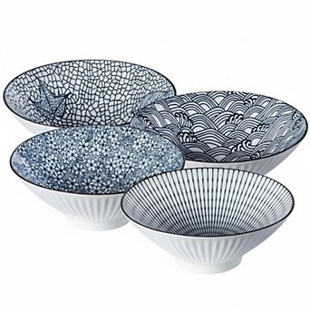 38 Oz Set Of 4 Blue White Porcelain Ramen Pho Soup Bowls