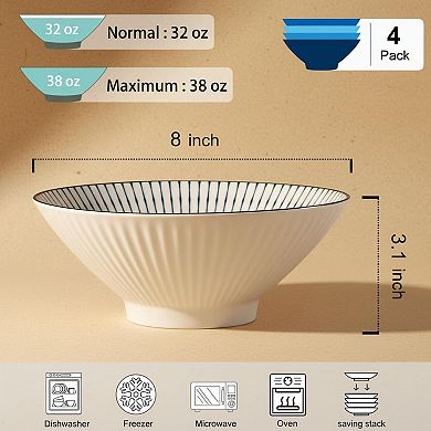 38 Oz Set Of 4 Blue White Porcelain Ramen Pho Soup Bowls