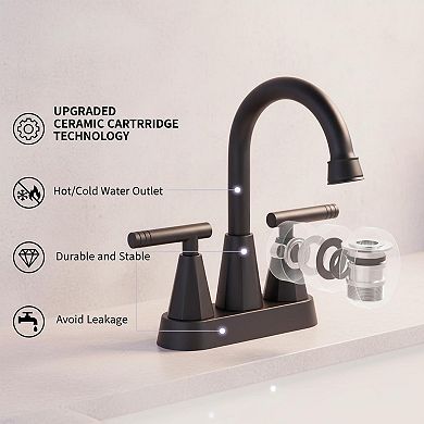 Matte Black 3 Hole Bathroom Sink Faucet With Pop Up Drain And Supply Hoses