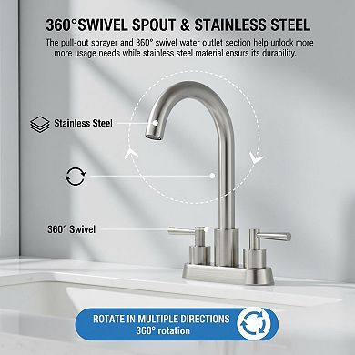 4 Inch 3 Hole Bathroom Sink Faucet Pull Down Sprayer With Pop Up Drain