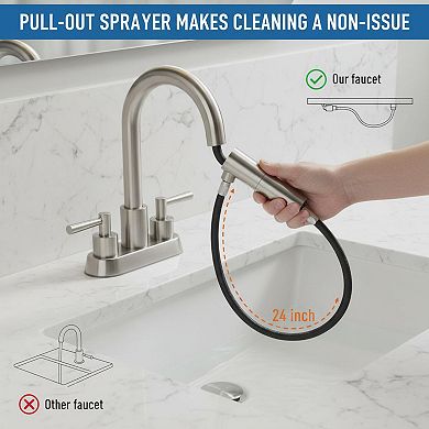 4 Inch 3 Hole Bathroom Sink Faucet Pull Down Sprayer With Pop Up Drain