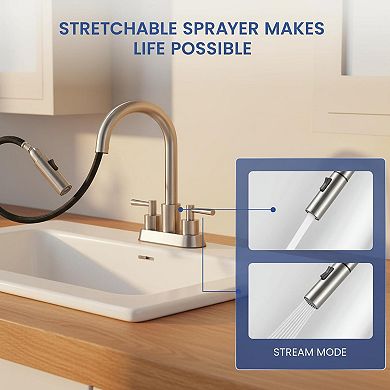 4 Inch 3 Hole Bathroom Sink Faucet Pull Down Sprayer With Pop Up Drain