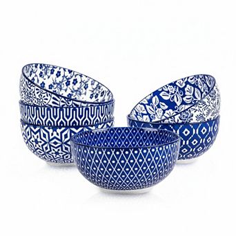 6 pc Vintage Blue Ceramic Bowl Set 24oz Multi Purpose Microwave Safe