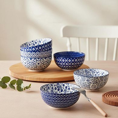 6 Piece Vintage Blue Ceramic Bowl Set 24oz Multi Purpose Microwave Safe
