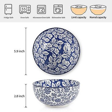 6 Piece Vintage Blue Ceramic Bowl Set 24oz Multi Purpose Microwave Safe