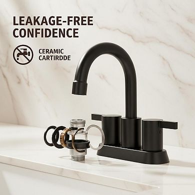 Matte Black 4 Inch Centerset Bathroom Faucet 360 Swivel Spout With Pop Up Drain
