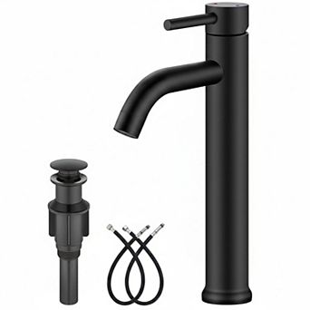 Matte Black Stainless Steel Tall Bathroom Vessel Sink Faucet with Pop Up Drain