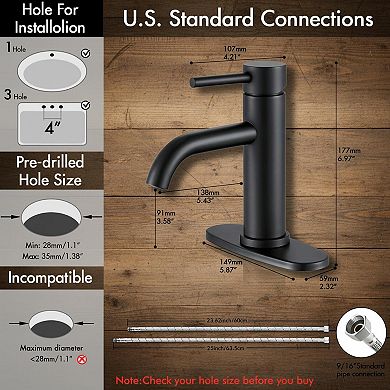 Matte Black Single Hole Bathroom Faucet With Pop Up Drain And Hoses