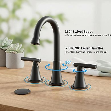 Stainless Steel Matte Black 3 Hole Widespread Bathroom Sink Faucet With Pop Up Drain