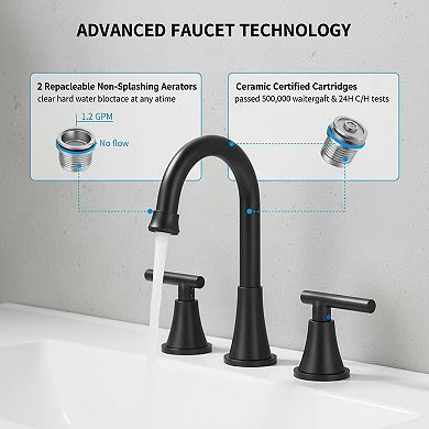 Stainless Steel Matte Black 3 Hole Widespread Bathroom Sink Faucet With Pop Up Drain