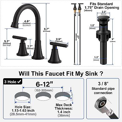 Stainless Steel Matte Black 3 Hole Widespread Bathroom Sink Faucet With Pop Up Drain