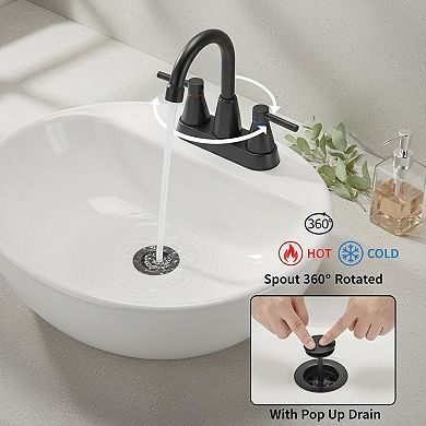 Matte Black 3 Hole 2 Handle Bathroom Faucet With Pop Up Drain 360 Swivel Spout